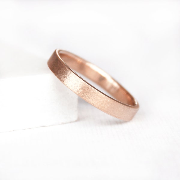 14K Solid Rose Gold Ring, 3mm Rectangle Wedding Band, Simple UNISEX Flat Edge Ring, Cigar Band, Recycled Gold