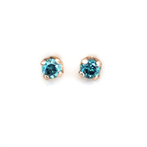 Teal Blue Diamond Stud Earrings in 14K Rose Gold Prong Setting, 2mm Conflict-Free Diamonds, Second Hole Earrings