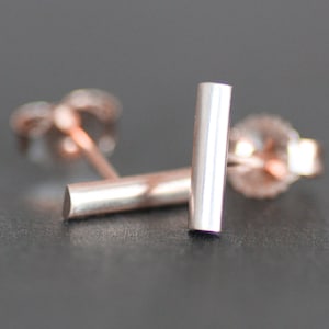 14K Rose Gold Bar Earrings 8mm, Post /Stud Earrings, Solid Rose Gold, Linear Design, Recycled / Eco-Friendly, Minimalist, Geometric