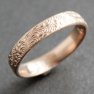 Solid ROSE Gold Feather Pattern Ring, 14K / 10K Gold Vintage Style Wedding Band, Scroll Engraved, Art Deco, Art Nouveau, Recycled Gold