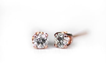 3mm Salt and Pepper Diamond Stud Earrings in 14K Solid Rose Gold Setting, Conflict-Free Diamonds, .2 Total Carats, Diamond Prong Settings