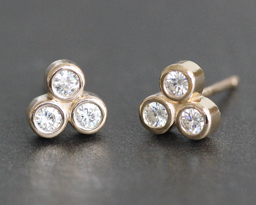 Moissanite Trio Stud Earrings in 14K Solid Gold Setting Etsy