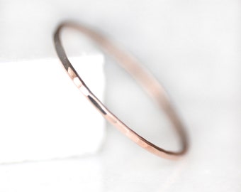 Solid Rose Gold Extra Skinny Ring, .8mm Simple Hammered Round Band, 10K / 14K Rose Gold Thin Stacking Ring, Midi Ring, Spacer Band