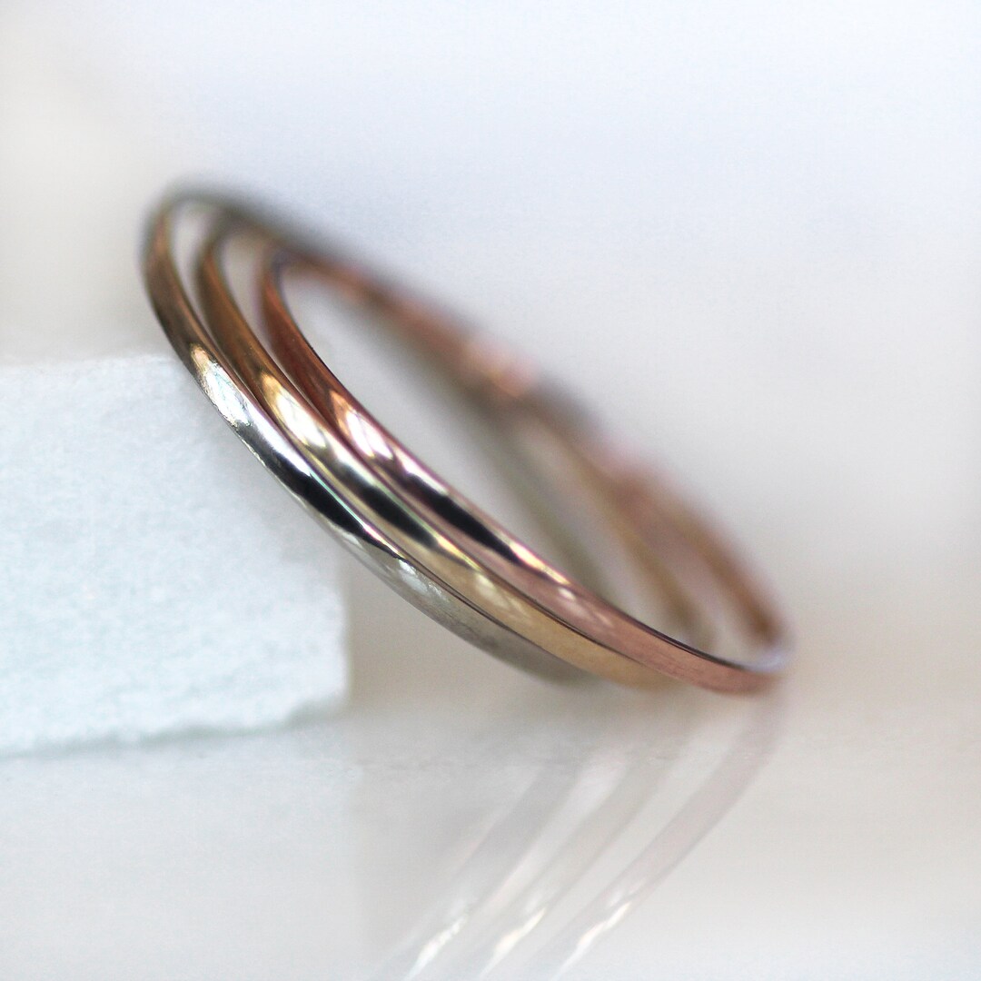 Solid Gold Set of 1mm Domed Stack Rings, Thread Band Tricolor Gold ...