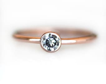 Salt and Pepper Diamond Solitaire Ring, 14K Solid Rose Gold Engagement Ring with 4mm Natural Galaxy Diamond