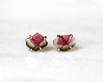 Watermelon Tourmaline Slice Earrings in 14K Solid Gold Prong Setting, Bi Color Pink and Green Tourmaline, Stud / Post Earrings