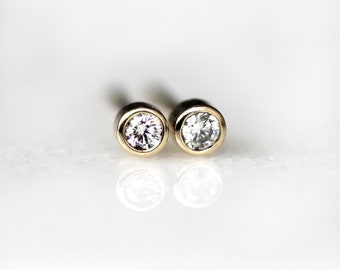 2mm Diamond Earrings, 14K Gold Bezel Earrings, Dainty Stud Earrings, Second Hole Earrings, Simple Diamond Earrings