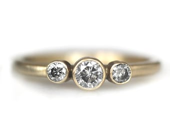 Salt and Pepper Diamond Three Stone Ring, 14K Solid Yellow Gold Engagement Ring, Alternative Engagement Ring