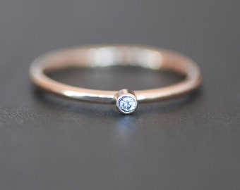 Small Diamond Ring, 14K Rose Gold Diamond Stacking Ring, 2mm Conflict Free Diamond, Dainty Engagement Ring, (Size 6 / Resize)