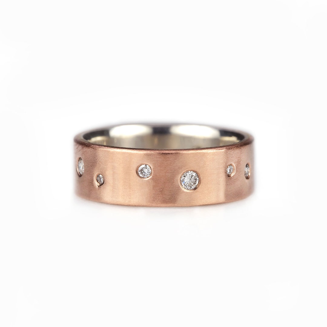14k Rose Gold Wide Diamond Ring 6mm Organic Hammered Ring - Etsy
