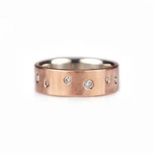 14k Rose Gold Wide Diamond Ring, 6mm Organic Hammered Ring, Scattered Flush Set Gemstones, Mixed Metal Anniversary / Wedding Ring