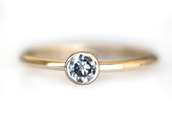 Salt and Pepper Diamond Solitaire Ring, 14K Solid Yellow Gold Engagement Ring with 4mm Natural Galaxy Diamond