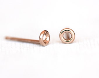 14K Rose Gold Tiny 3mm Circle Earrings, Post /Stud Earrings, Solid Gold Dainty Earrings, Second Hole Earrings