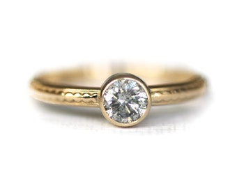 Salz und Pfeffer Diamant Solitär Ring, 14K Massive Gelbgold Verlobungsring mit 4,7mm Natürliche Galaxy Diamant und Perlen Muster Band