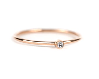 Tiny Diamond Ring, Gray Salt and Pepper Diamond Solid 10K or 14K Gold Bezel Ring, Recycled Rose Gold Stacking Ring, Promise Ring