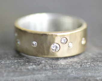 10K Yellow Gold Wide Diamond Ring, 6mm Organic Hammered Ring, Scattered Flush Set Gemstones