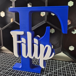 May include: A blue letter "F" with the name "Filip" in white, 3D-printed. The name is layered over the letter. The background features a black honeycomb-shaped structure and a grid.