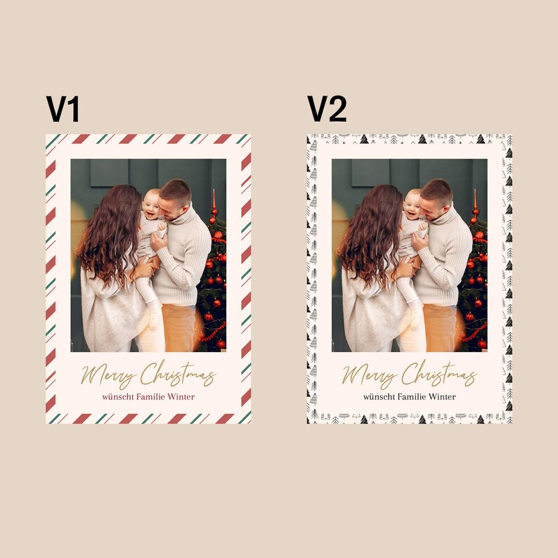 May include: Christmas card featuring a family of three, with the text "Merry Christmas" in gold script. The card has a cream background with a red, green, and white striped border. The family is embracing in front of a Christmas tree.