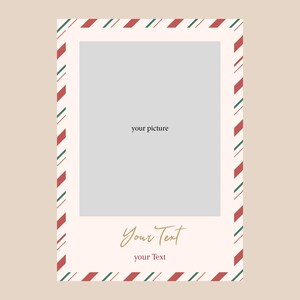 May include: A rectangular photo frame with a cream-colored background. The frame has a border of red and green diagonal stripes. The center has a gray rectangle with the text "your picture". Below is the text "Your Text" and "your Text".
