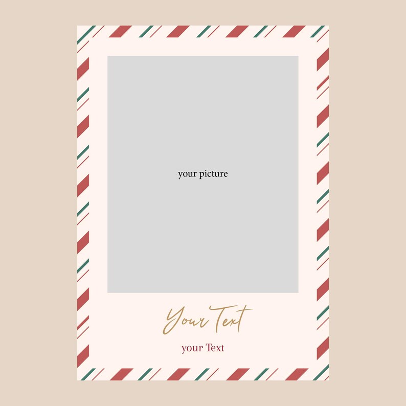 May include: A rectangular photo frame with a cream-colored background. The frame has a border of red and green diagonal stripes. The center has a gray rectangle with the text "your picture". Below is the text "Your Text" and "your Text".