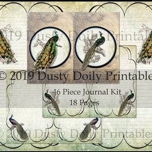 Peacock Printable Vintage Junk Journal Kit Digital Download 46 Pieces image 1