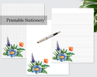 Watercolor Flowers Printable Graph Paper Lined Unlined Stationery Set - Penpal Letter Writing - 8.5x11 Journal