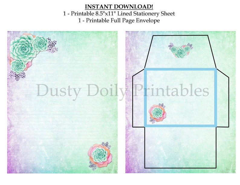 Succulents Printable Stationery Set Envelope 8.5x11 image 2