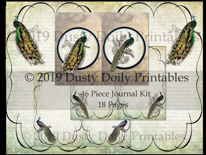 Peacock Printable Vintage Junk Journal Kit Digital Download 46 Pieces image 1