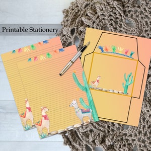 Estación de papelería imprimible llama Set estilo suroeste bordeado acuarela carta set para pénpales