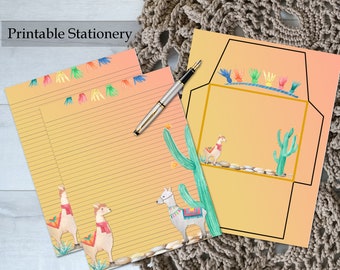 Llama Printable Stationery Set Southwest Style Lined Watercolor Letter Set for Penpals
