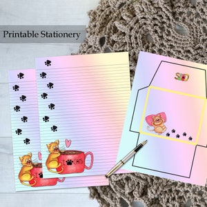 Cat Printable Stationery Letter Set | Envelope 8.5x11 Coffee Cup Lined Paper