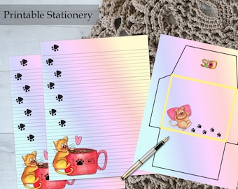 Cat Printable Stationery Letter Set | Envelope 8.5x11 Coffee Cup Lined Paper
