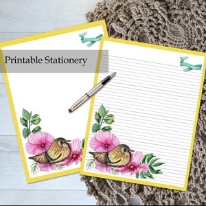 Bird Printable Stationery Penpal Letter Writing Set Lined Unlined 8.5x11 Paper with Hybiscus