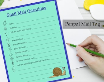 Printable Snailmail Survey - Penpal Mail Tag Questions - Get To Know You Form with Snail