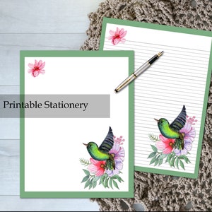 Hummingbird Printable Stationery Penpal Letter Writing Set Lined Unlined 8.5x11 Paper with Hybiscus