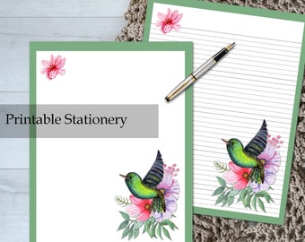 Hummingbird Printable Stationery Penpal Letter Writing Set Lined Unlined 8.5x11 Paper with Hybiscus