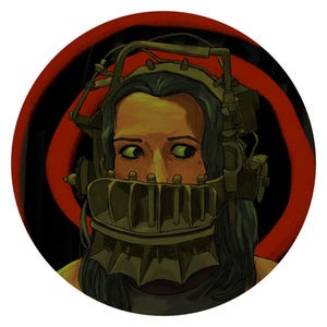 Puede incluir: Una mujer con el pelo largo y oscuro lleva una máscara de metal con una protección bucal en forma de jaula. La máscara tiene un fondo rojo y negro detrás.