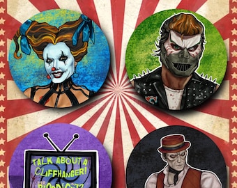 May include: Four circular buttons featuring illustrations: a clown with blue ribbons, a masked figure in a studded vest, a television screen displaying the text TALK ABOUT A CLIFFHANGER! H.R. BLOOD EN GUTZ, and a person in a red hat and vest.
