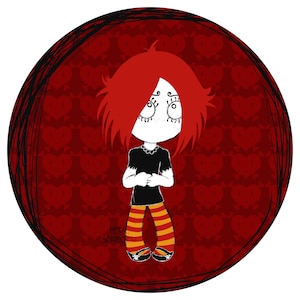 May include: Illustration of a cartoon character with red hair, a black shirt, and striped orange and yellow pants. The character is set against a red background with heart shapes and a black circular border. The character's shoes have skull designs.