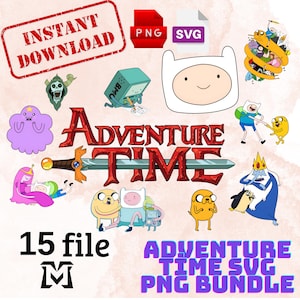 Könnte beinhalten: Ein digitales Download-Paket mit 15 Adventure Time SVG- und PNG-Dateien. Das Paket enthält Charaktere wie Finn, Jake, Prinzessin Bubblegum, Eis-König und mehr. Der Text "Adventure Time SVG PNG Bundle" ist in lila Schrift auf blauem Hintergrund. Der Text "15 file M" ist in schwarzer Schrift auf weißem Hintergrund.
