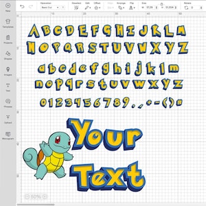 May include: A digital design featuring a complete alphabet, numbers, and symbols in a bold, 3D style with yellow and blue coloring. Includes a cartoon image of a Squirtle character and the words "Your Text".