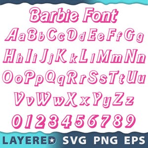 Puede incluir: Un conjunto de fuentes rosa y blanco etiquetado como "Barbie Font". La imagen muestra el alfabeto, tanto mayúsculas como minúsculas, junto con los números del 0 al 9. La fuente tiene un estilo lúdico y delineado, adecuado para varios proyectos.