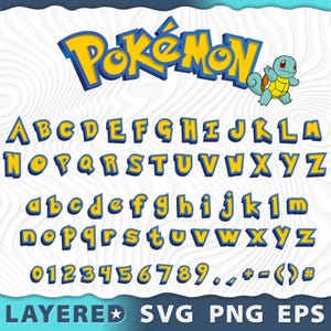 Könnte beinhalten: Eine digitale Grafik mit dem Wort "Pokémon" in Gelb und Blau, zusammen mit dem Alphabet, Zahlen und Symbolen in einem passenden Stil. Ein Cartoon-Schiggy befindet sich in der oberen rechten Ecke. Der untere Teil der Grafik lautet "LAYERED SVG PNG EPS".