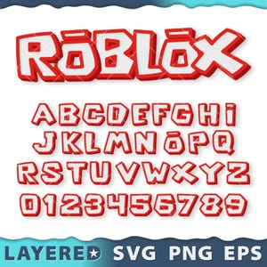 May include: A red and white Roblox logo and alphabet set. The letters and numbers are in a bold, blocky font with a white outline and red shadow. The image also includes the text "LAYERED SVG PNG EPS".