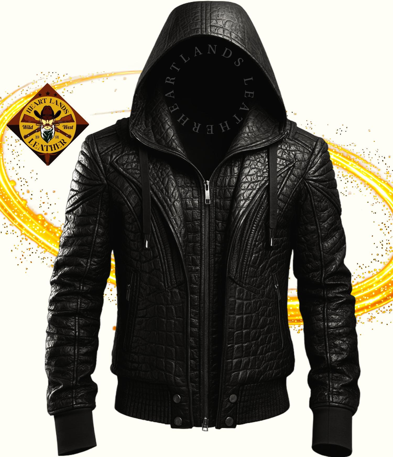 Mens Leather Jacket Hooded Black Crocodile Embossed Winter Style