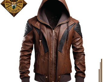 May include: A brown leather jacket with a black zipper and a black hooded collar. The jacket has black accents on the shoulders and sleeves. The jacket has a logo on the left chest that says "Heart Lands Wild West Leather".
