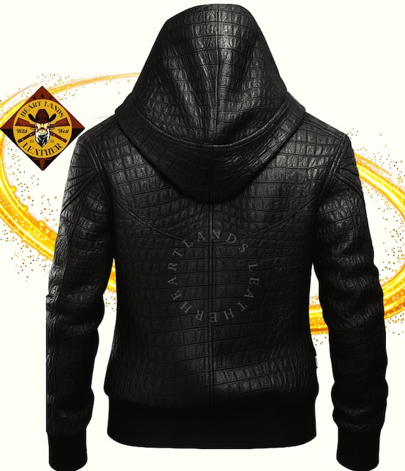 Mens Leather Jacket Hooded Black Crocodile Embossed Winter Style