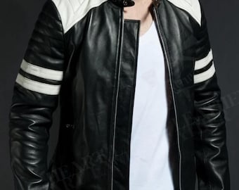Mens Leather jacket Black Cafe Racer Motorcycle style - White Stripe Genuine Leather Biker coat