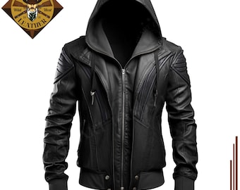 Könnte beinhalten: Schwarze Lederjacke mit Reißverschluss und Kapuze. Die Jacke hat ein gestepptes Design und einen gerippten Strickkragen, Bündchen und Bund.