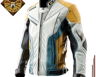 May include: A white leather motorcycle jacket with yellow and blue accents. The jacket has a zipper closure and a stand-up collar. The jacket has a logo on the left chest that says "Heart Lands Wild West Leather".